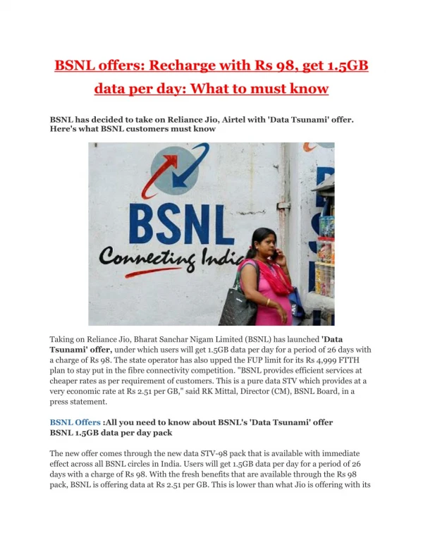 Bsnl offers recharge with rs 98, get 1 5gb data per day what to must know