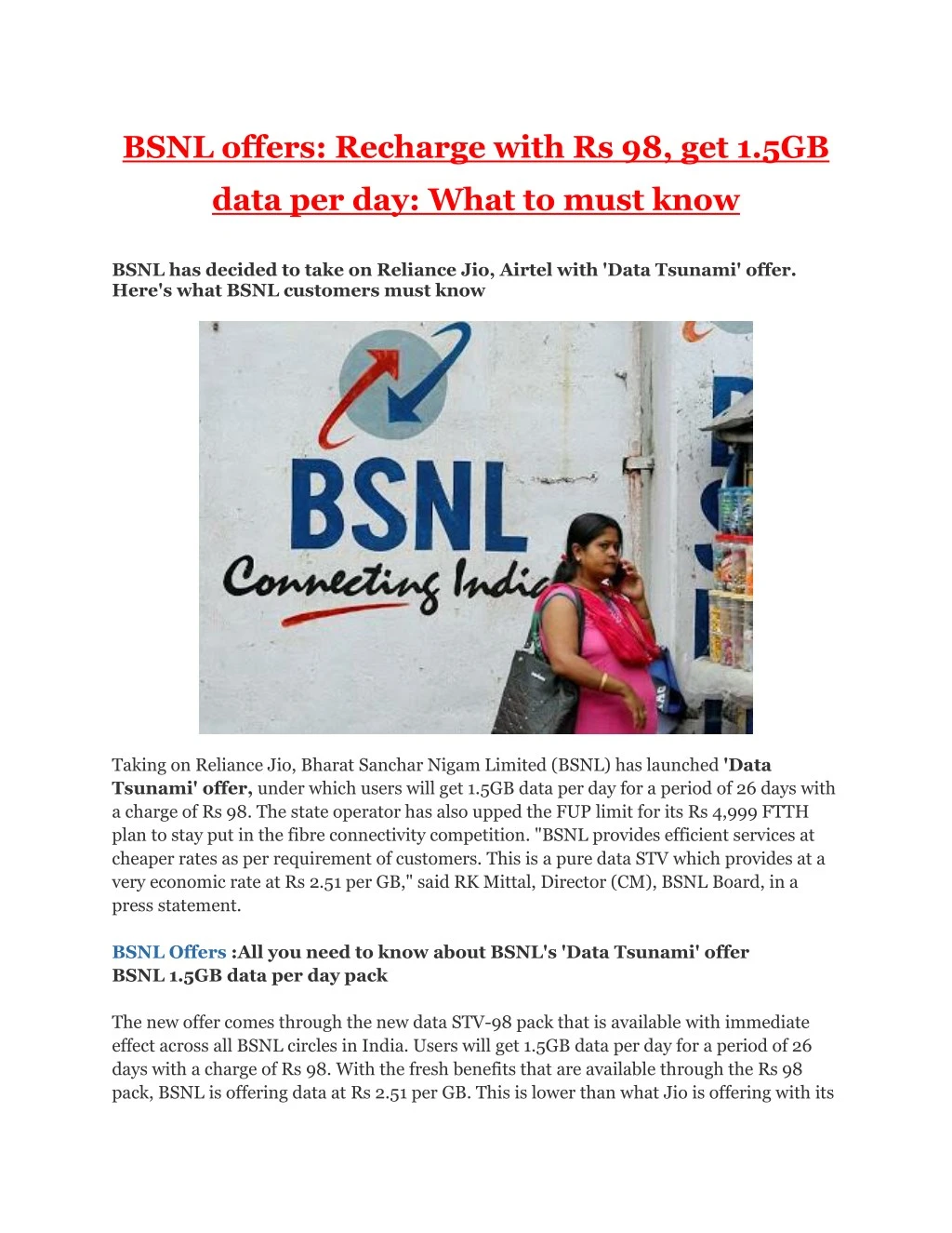 bsnl offers recharge with rs 98 get 1 5gb