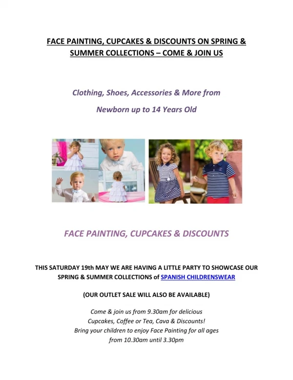 FACE PAINTING, CUPCAKES & DISCOUNTS ON SPRING & SUMMER COLLECTIONS – COME & JOIN US