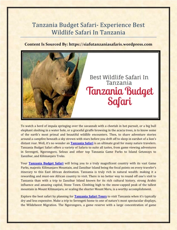 Tanzania Budget Safari- Experience Best Wildlife Safari In Tanzania