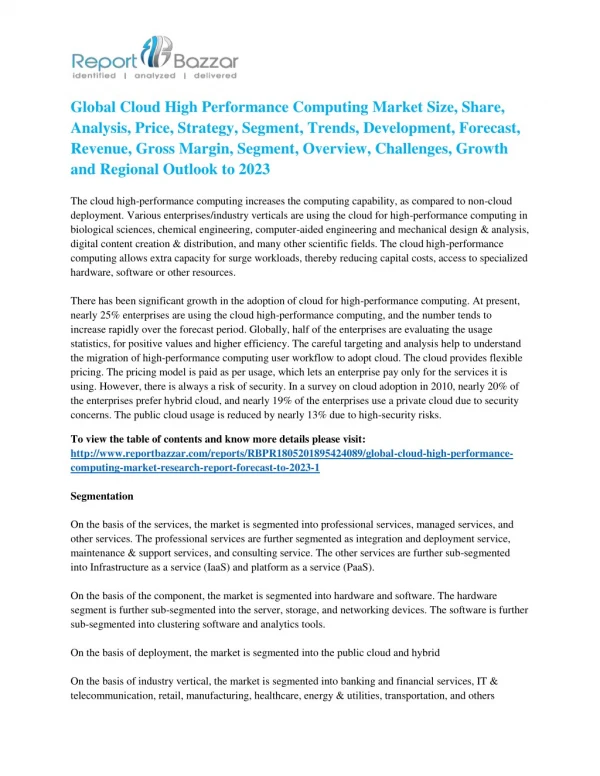 Cloud High Performance Computing Market And What Makes it a Booming Industry According to Following Research Report: 2