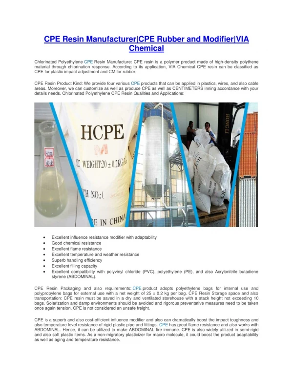 CPE, HCPE, CPVC Resin Raw Material Manufacturer in China
