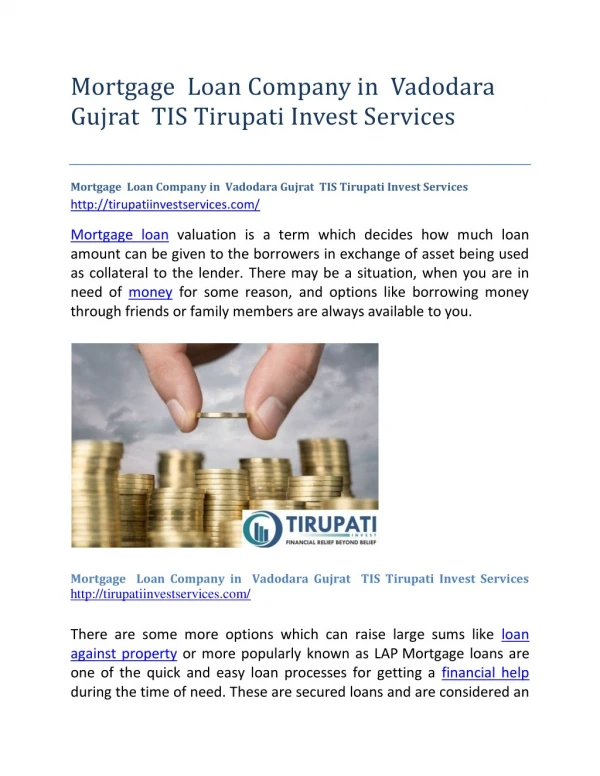 Mortgage Loan Company in Vadodara Gujrat TIS Tirupati Invest Services
