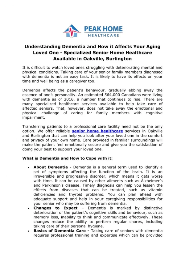 Understanding Dementia and How it Affects Your Aging Loved One - Specialized Senior Home Healthcare Available in Oakvill