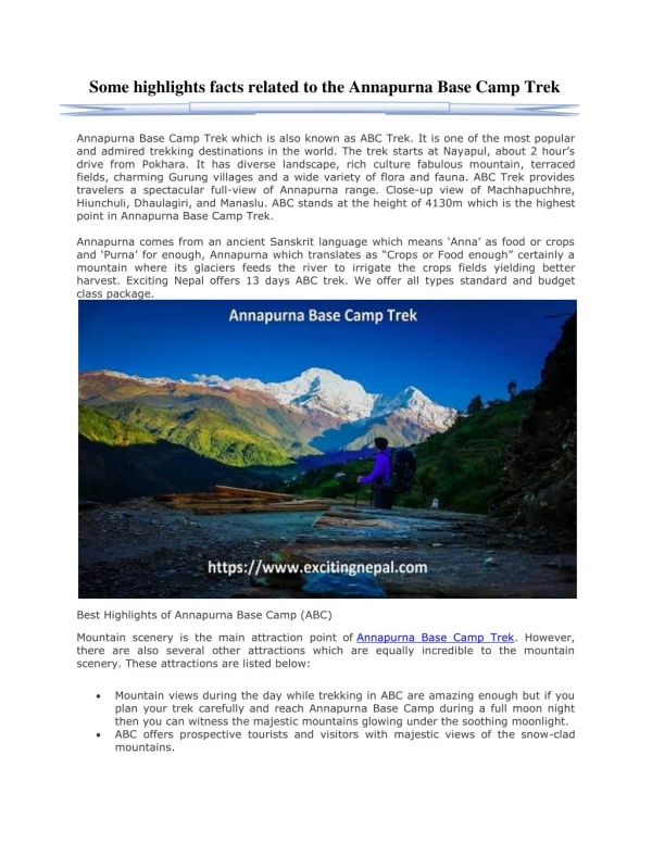 Some highlights facts related to the Annapurna Base Camp Trek