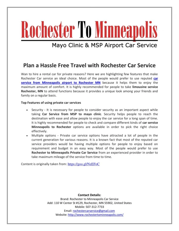 Plan a Hassle Free Travel with Rochester Car Service