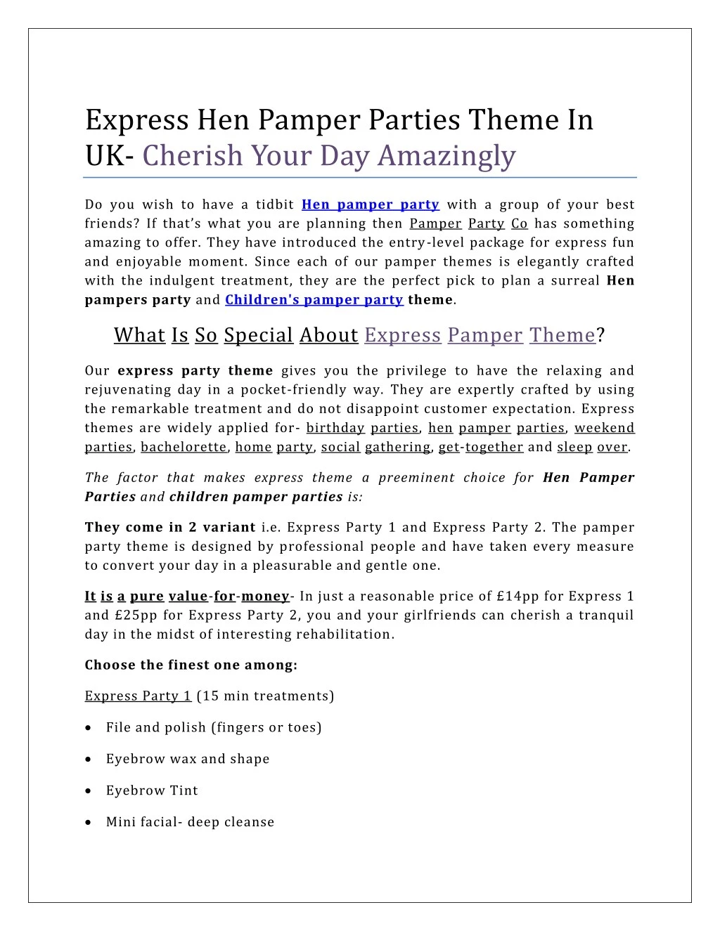 express hen pamper parties theme in uk cherish