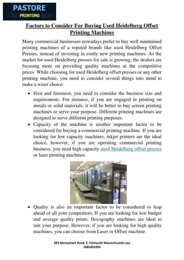 Buying Used Heidelberg Offset Printing Machines