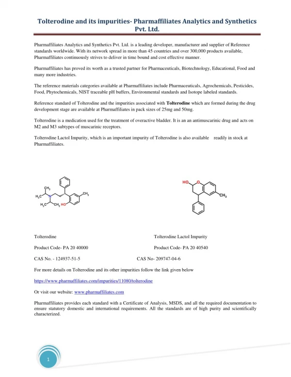 Tolterodine and its impurities- Pharmaffiliates Analytics and Synthetics Pvt. Ltd.