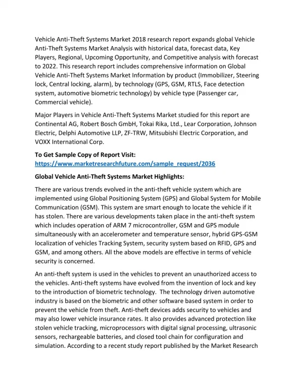 Vehicle Anti-Theft Systems Market: 2018 Size, Trend, Industry Insights, and Regional Forecast To 2022