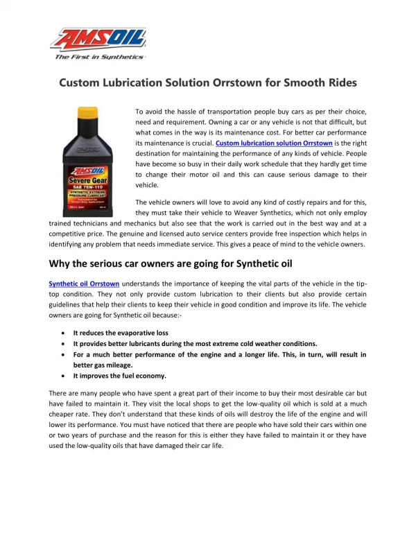 Custom Lubrication Solution Orrstown for Smooth Rides