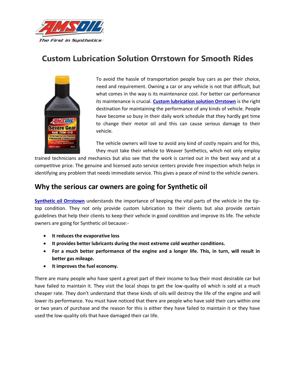 custom lubrication solution orrstown for smooth
