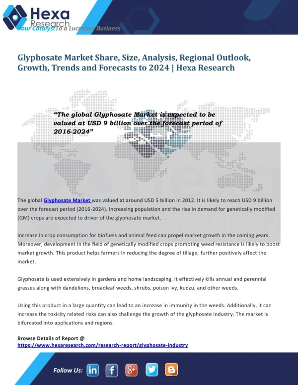Global Glyphosate Industry Revenue Likely To Reach $9 Billion By 2024 - Hexa Research