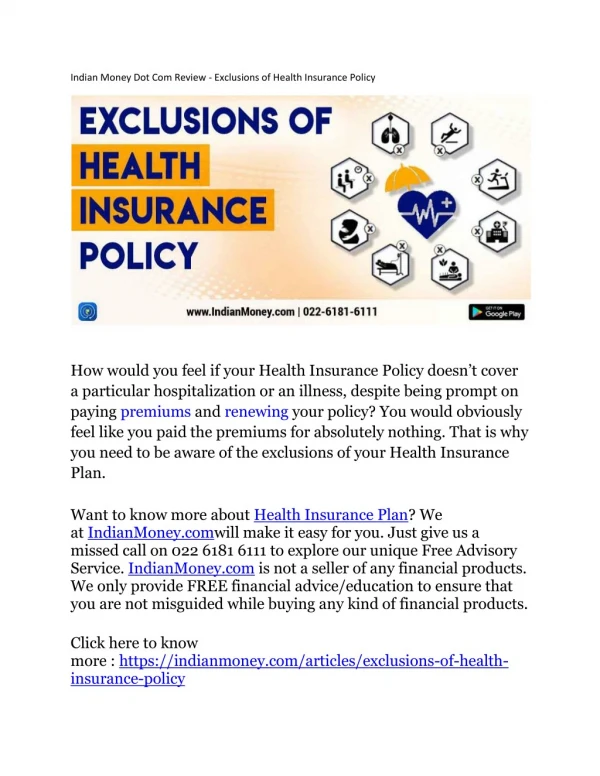 Indian Money Dot Com Review - Exclusions of Health Insurance Policy