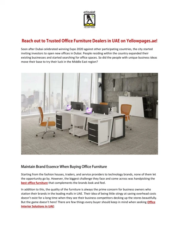 Reach out to Trusted Office Furniture Dealers in UAE on Yellowpages