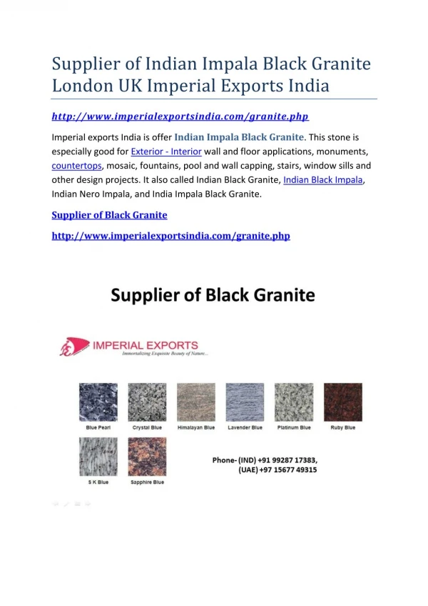 Supplier of Indian Impala Black Granite London UK Imperial Exports India