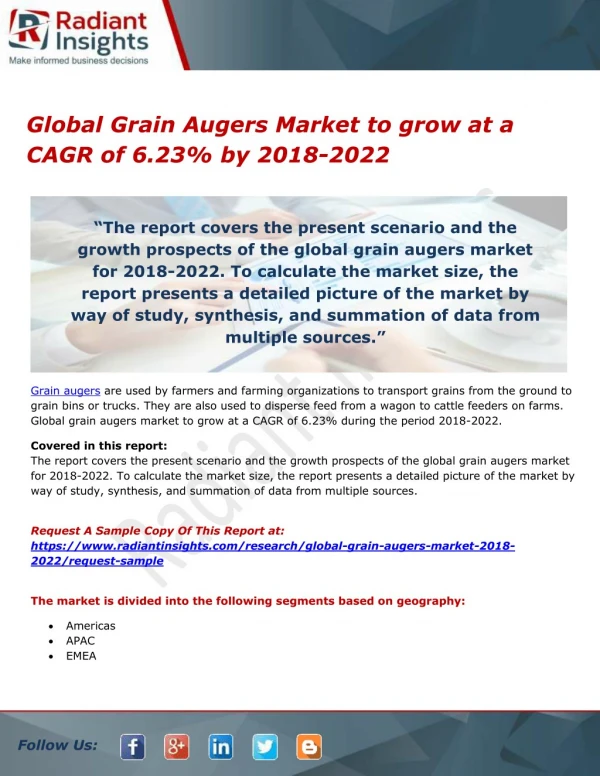 Global Grain Augers Market to grow at a CAGR of 6.23% by 2018-2022