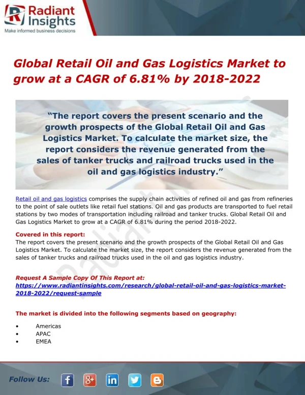 Global Retail Oil and Gas Logistics Market to grow at a CAGR of 6.81% by 2018-2022