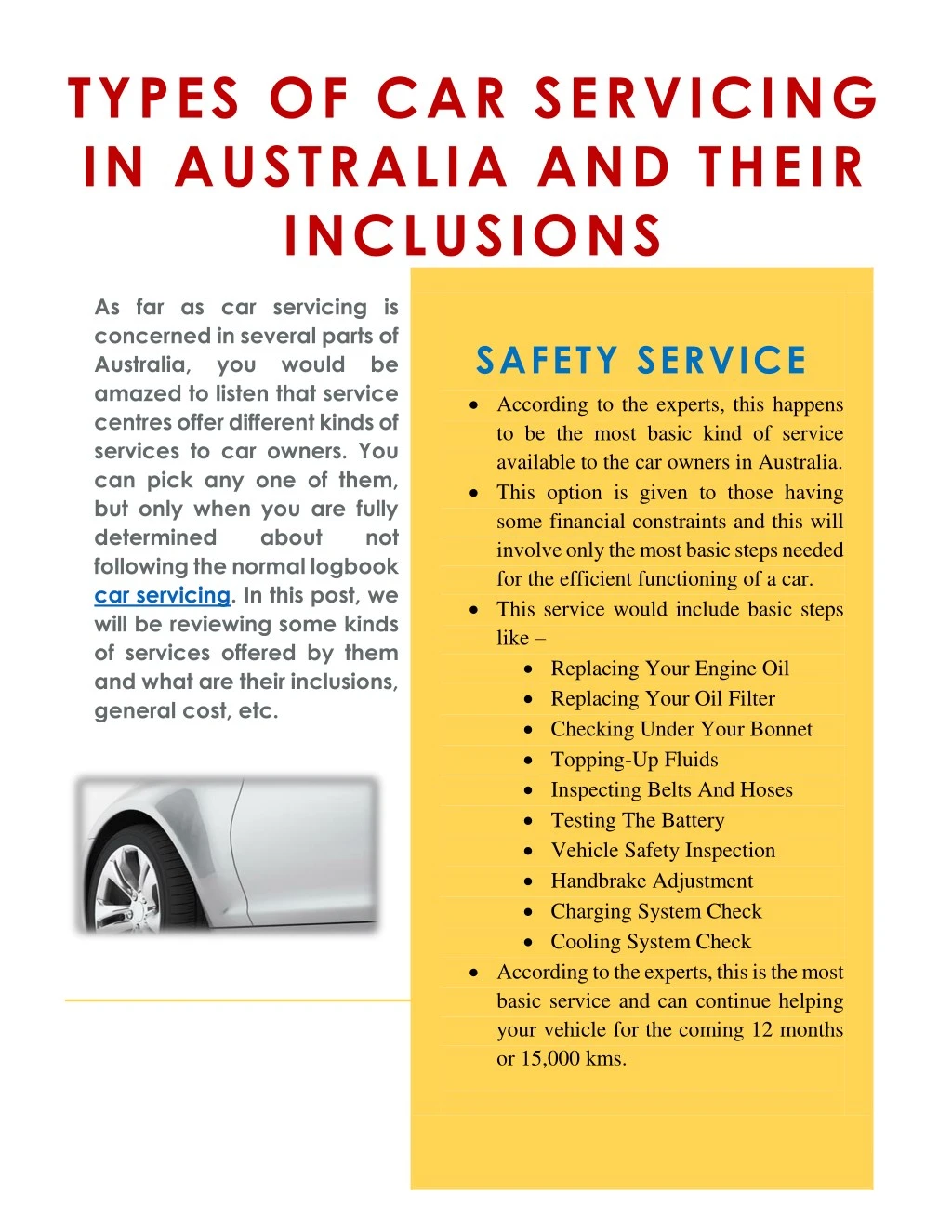 types of car servicing in australia and their