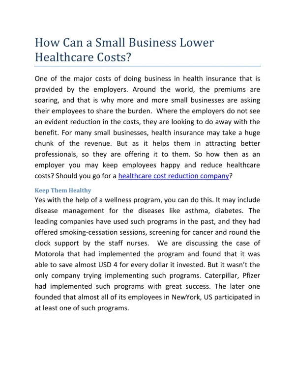 How Can a Small Business Lower Healthcare Costs?