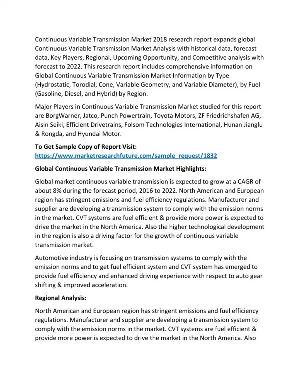 Continuous Variable Transmissions Market: 2018 Global Industry Size, Share, Competitive Landscape, Trends, and Key Playe