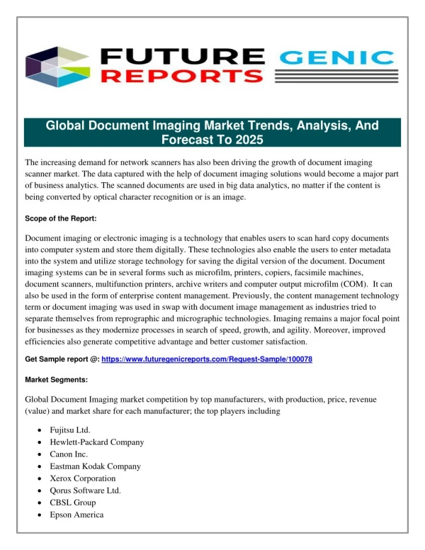 Document Imaging Scanner Market Shares, 2016: Multifunction Device and Mobile Capture Pressure Document Imaging Scanners