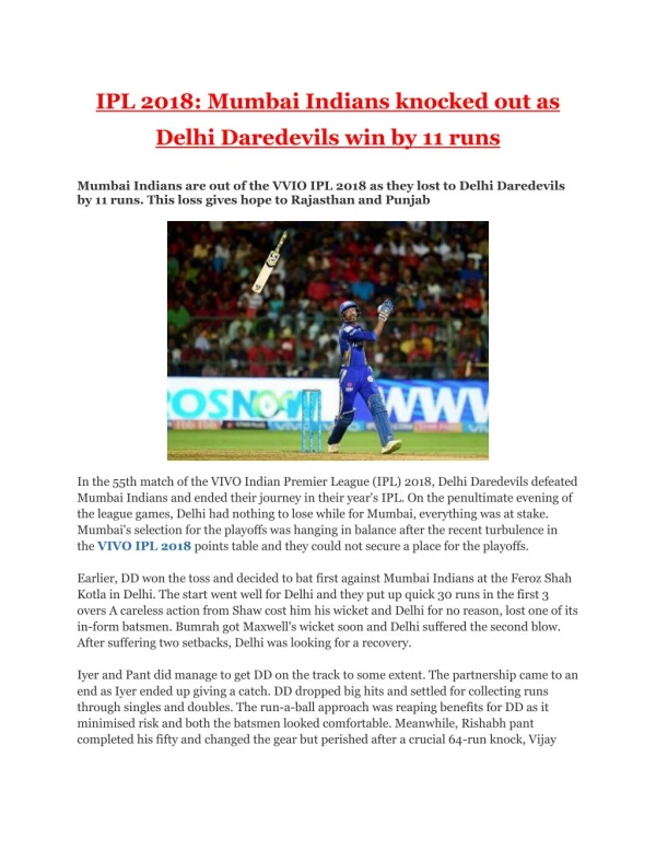 IPL 2018: Mumbai Indians knocked out as Delhi Daredevils win by 11 runs