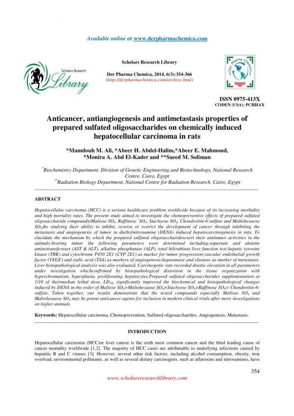 Anticancer, antiangiogenesis and antimetastasis properties of prepared sulfated oligosaccharides on chemically induced h