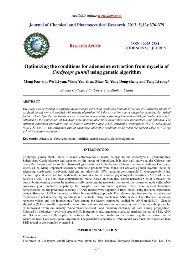 Optimizing the conditions for adenosine extraction from mycelia of Cordyceps gunnii using genetic algorithm