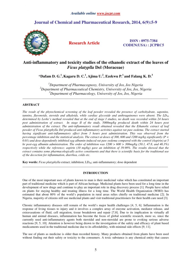 Anti-inflammatory and toxicity studies of the ethanolic extract of the leaves of Ficus platyplla Del (Moraceae)