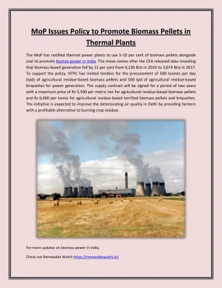 MoP Issues Policy to Promote Biomass Pellets in Thermal Plants - slide 1