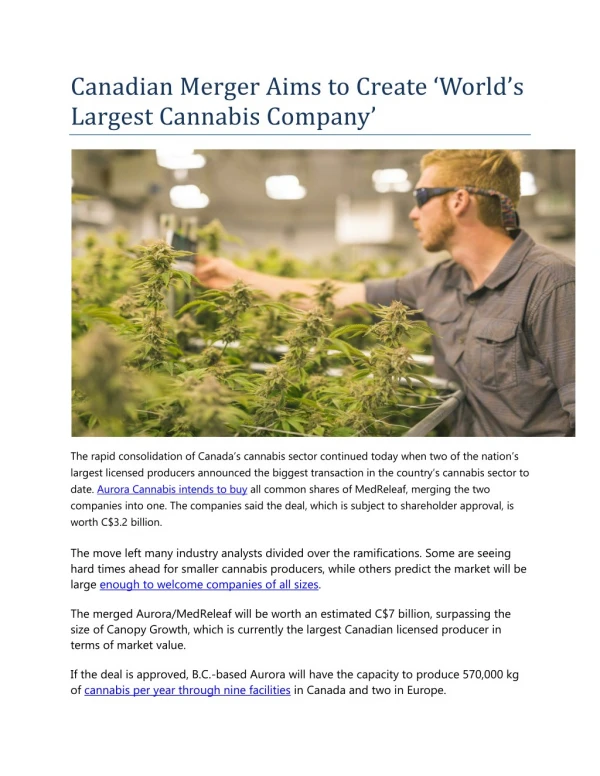 Canadian Merger Aims to Create â€˜Worldâ€™s Largest Cannabis Companyâ€™