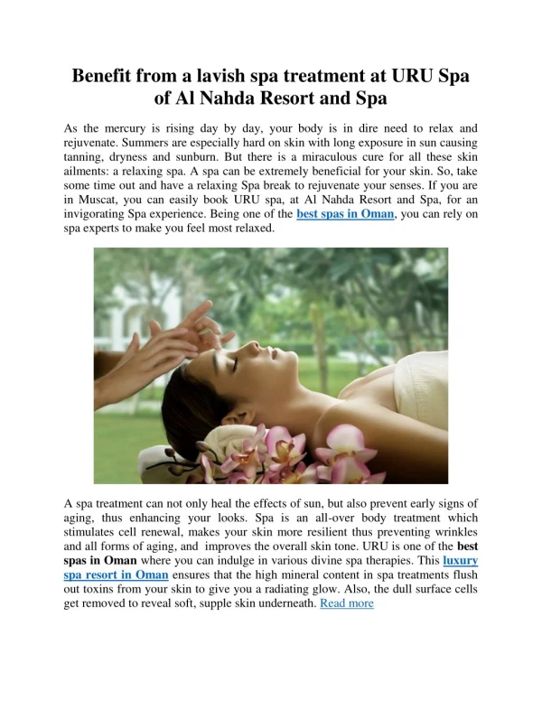 Benefit from a lavish spa treatment at URU Spa of Al Nahda Resort and Spa
