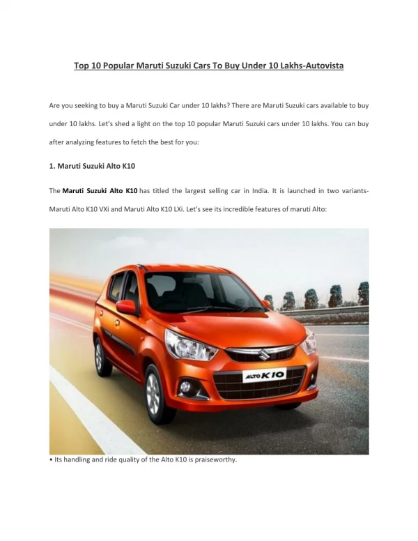 Top 10 Popular Maruti Suzuki Cars To Buy Under 10 Lakhs-Autovista