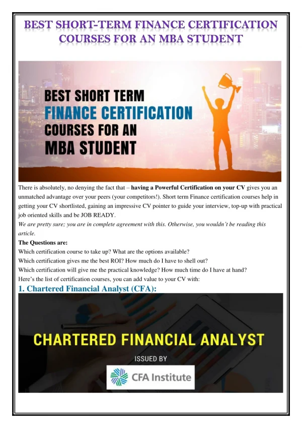 BEST SHORT-TERM FINANCE CERTIFICATION COURSES FOR AN MBA STUDENT
