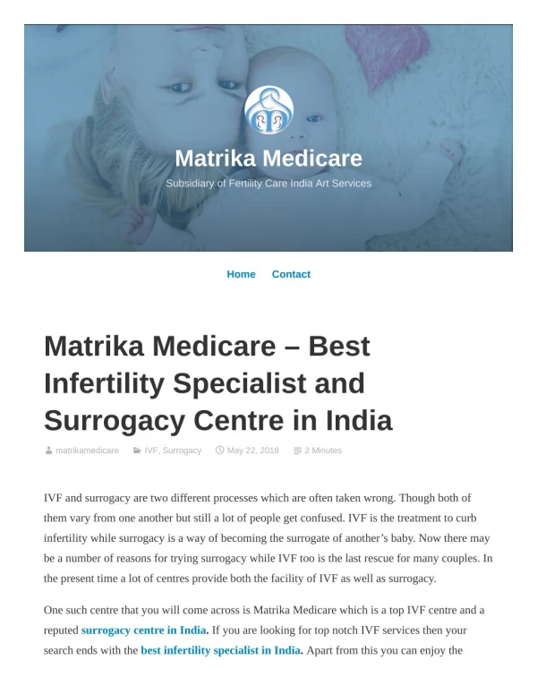 Matrika Medicare - Best Infertility Specialist and Surrogacy Centre in India