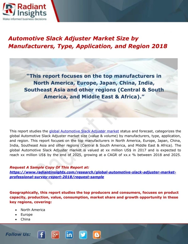 Automotive Slack Adjuster Market Size by Manufacturers, Type, Application, and Region 2018