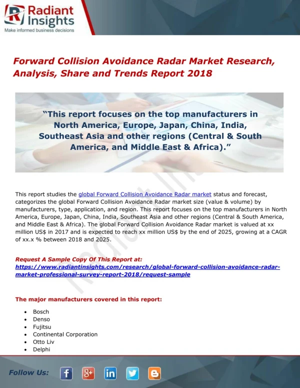 Forward Collision Avoidance Radar Market Research, Analysis, Share and Trends Report 2018