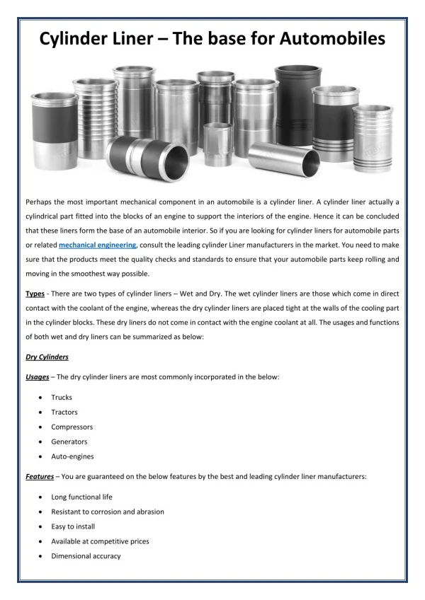 Cylinder Liner – The Base for Automobiles