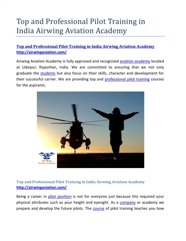 Top and Professional Pilot Training in India Airwing Aviation Academy