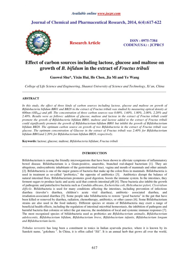 Effect of carbon sources including lactose, glucose and maltose on growth of B. bifidum in the extract of Fructus tribul