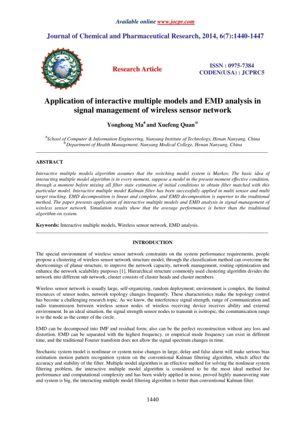 Application of interactive multiple models and EMD analysis in signal management of wireless sensor network