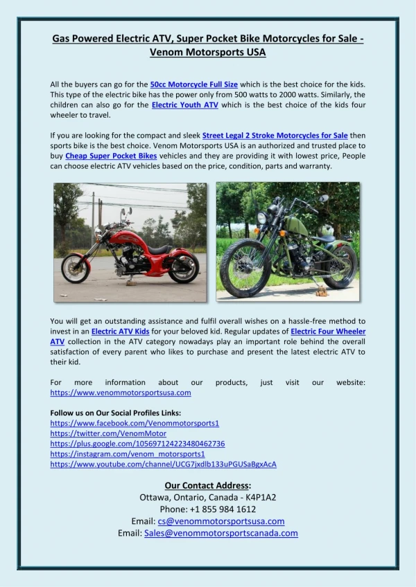 Gas Powered Electric ATV, Super Pocket Bike Motorcycles for Sale - Venom Motorsports USA