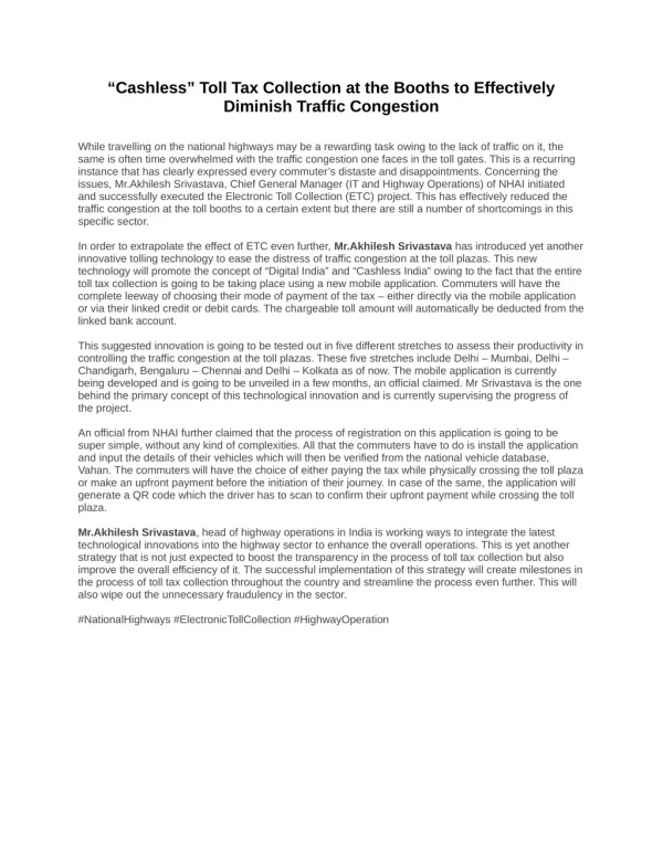 â€œCashlessâ€ Toll Tax Collection at the Booths to Effectively Diminish Traffic Congestion