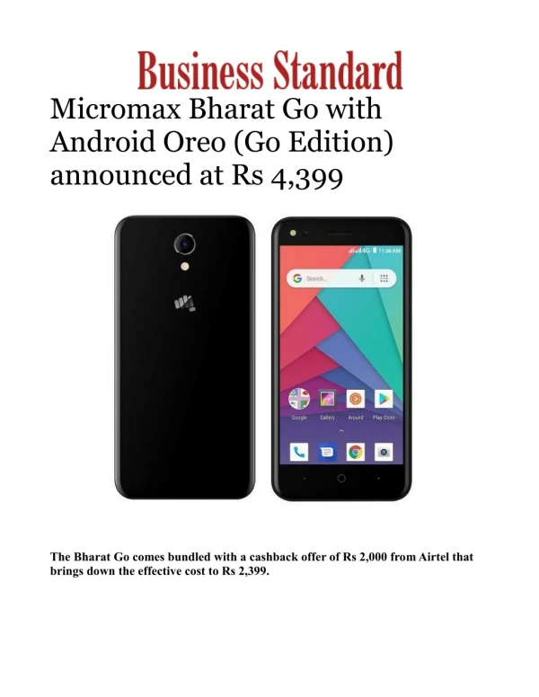 Micromax Bharat Go with Android Oreo (Go Edition) announced at Rs 4,399