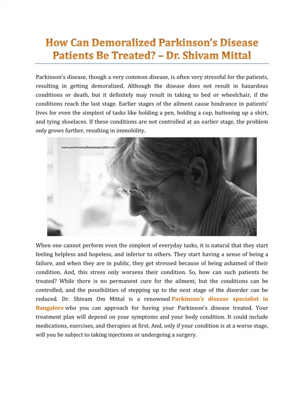 How Can Demoralized Parkinson’s Disease Patients Be Treated? – Dr. Shivam Mittal