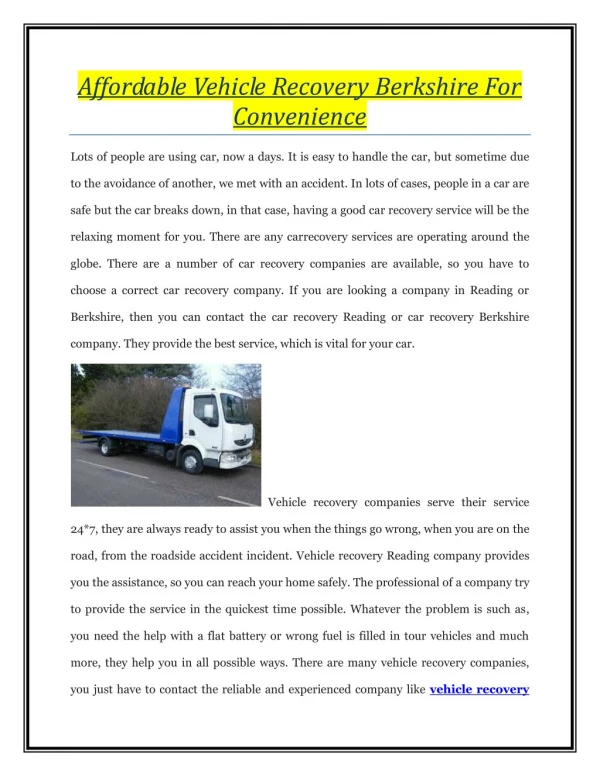 Affordable Vehicle Recovery Berkshire For Convenience