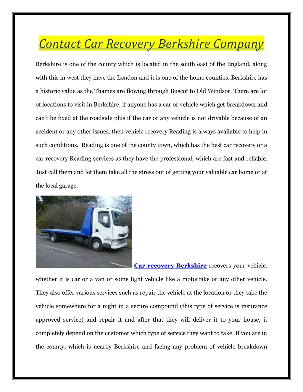 contact car recovery berkshire company