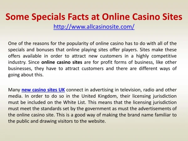 Some Specials Facts at Online Casino Sites