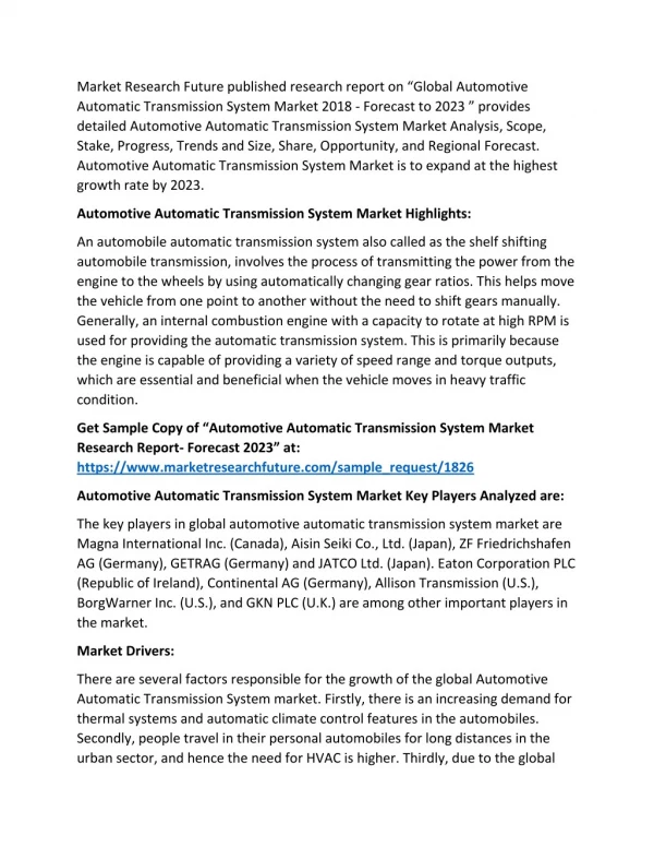Automotive Automatic Transmission System Industry: 2018 Global Market, Trends, Size, Growth, Share, And 2025 Forecast Re